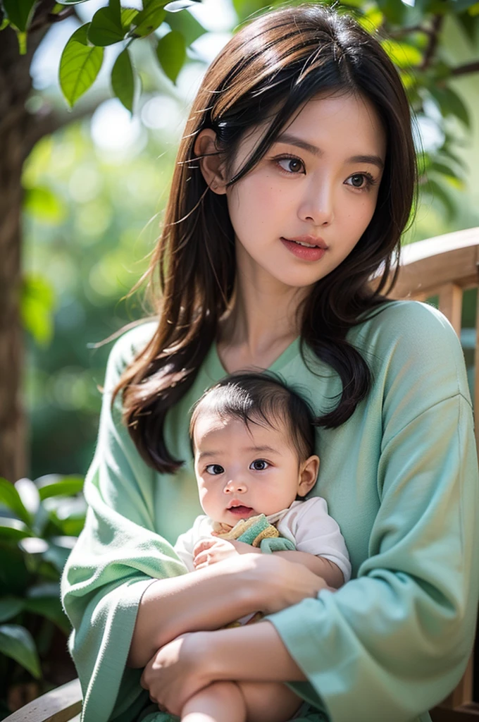 studio photo portrait that encapsulates the essence of motherhood with a Filipina woman in her thirties tenderly cradling her two-month-old infant. The scene is set against an fairy themed backdrop, adorned with mystical green colors evoking the feeling of coziness and familial love. capture the intricate details in the highest resolution possible (8K), ensuring every aspect of the serene moment is vividly portrayed, mother looking at camera