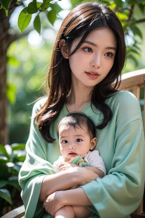 studio photo portrait that encapsulates the essence of motherhood with a filipina woman in her thirties tenderly cradling her tw...