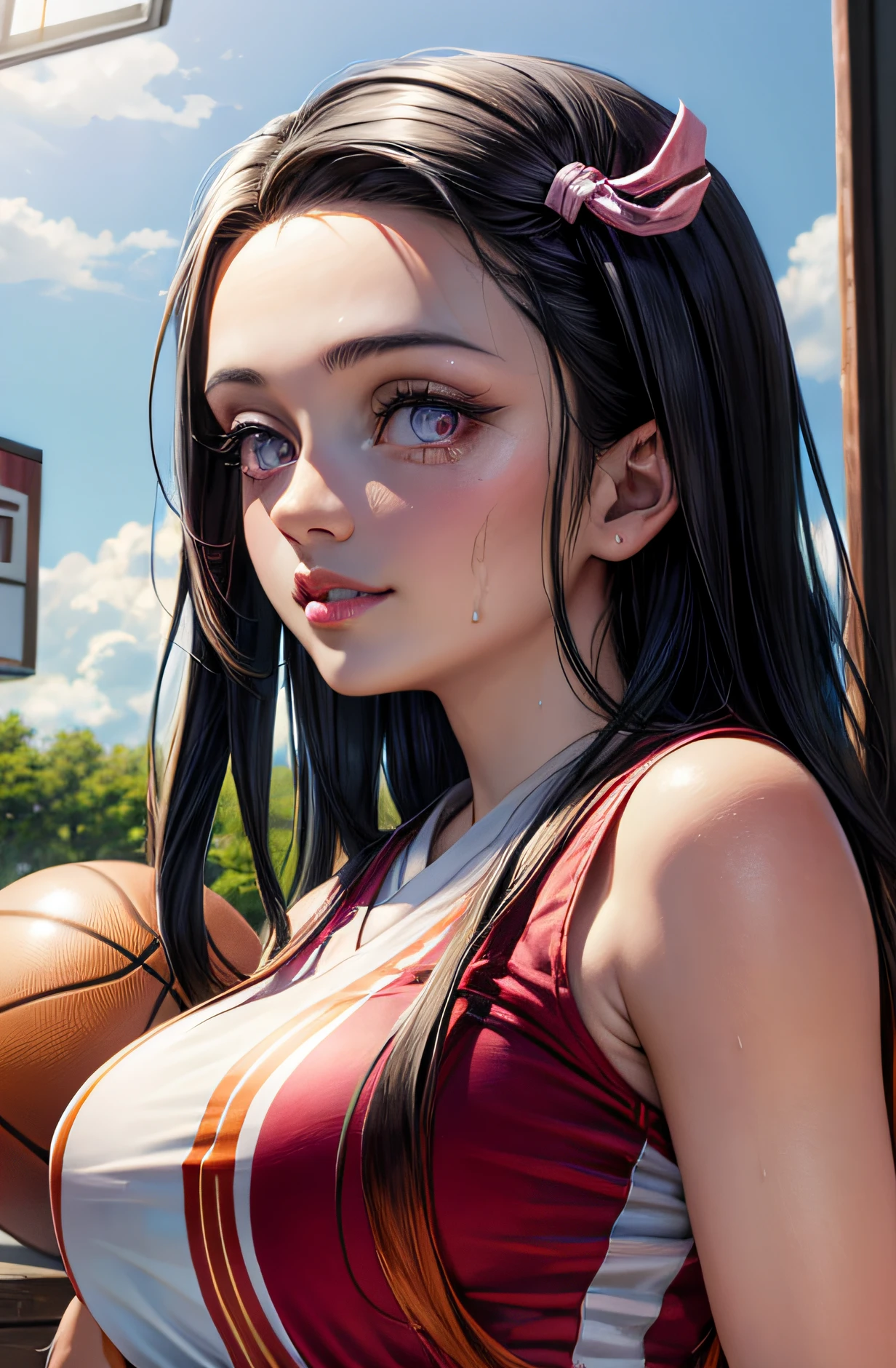 (Ultra Real), (Illustration), (High Resolution), (8K), (Very Detailed), (Best Illustration), (Beautiful Detailed Eyes), (Best Quality), (Ultra Detailed), (Masterpiece), (Wallpaper), (Detailed Face),Red Eyes, Night Up Upper Body, Ice Cream,Long Hair,Solo,basketball uniform Top Girl, Sweaty, Japan Person, Big Tits, (Camel Toe) Nezuko Kamado, Flirty Smile,