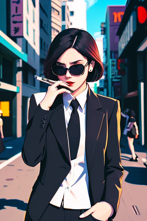 a woman in a business suit smoking a cigarette, inspired by Harumi Hironaka, trending on cg society, digital art, gta chinatown pop art style, gothic city streets behind her, with sunglasses, corporate boss, jojo anime style, high - res, mobster, on the street, anime style illustration