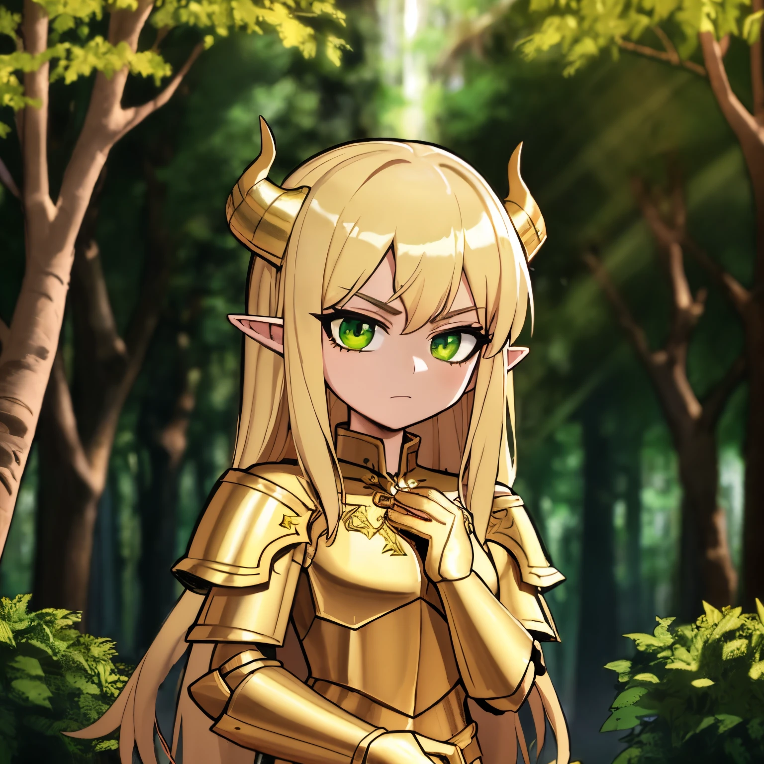 Young knightness, golden armor, elf, wood armor, green hairs, bull horns, green magic in hands, 4k, serious face, in a forest, lookong at viewer, masterpiece, hd, good anathomy, 4k