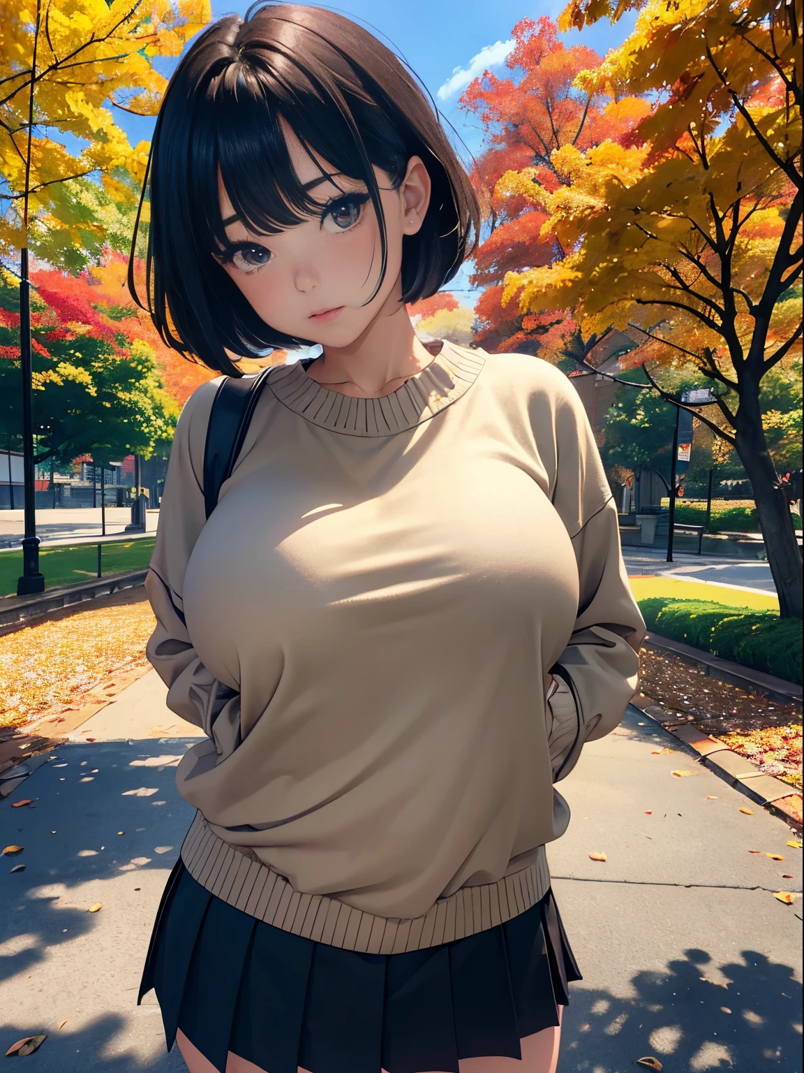 a 20 yo woman、(masterpiece:1.4)、(in 8K、realisitic、Raw photo、top-quality:1.4)、(Real Face:1.4)、(real looking skin:1.3)、超A high resolution、A hyper-realistic、Black eyes、black hair shorthair、Hats、Beige sweater、Dark blue pleated skirt、(huge-breasted:1.5)、Blushing、alluring face、autumnal、Colored leaves、mont、During mountain climbing