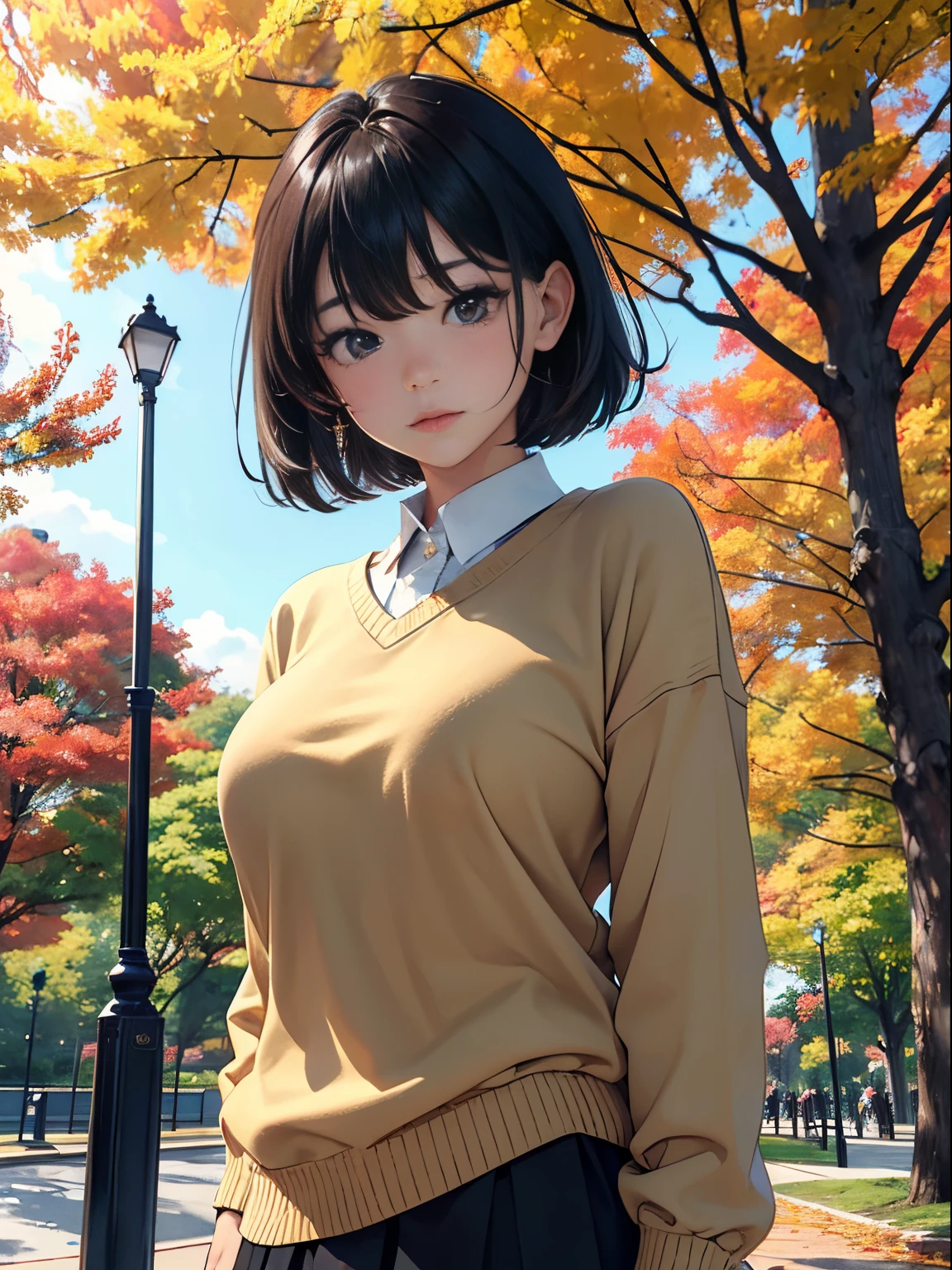 20 years girl、(masterpiece:1.4)、(in 8K、realisitic、Raw photo、top-quality:1.4)、(Real Face:1.4)、(real looking skin:1.3)、超A high resolution、A hyper-realistic、Brown eyes、high detailing、black hair shorthair、Beige sweater、a miniskirt、(huge-breasted:1.4)、blushing、Embarrassed look、Popular Korean Makeup、autumnal、Colored leaves、a park、to stand