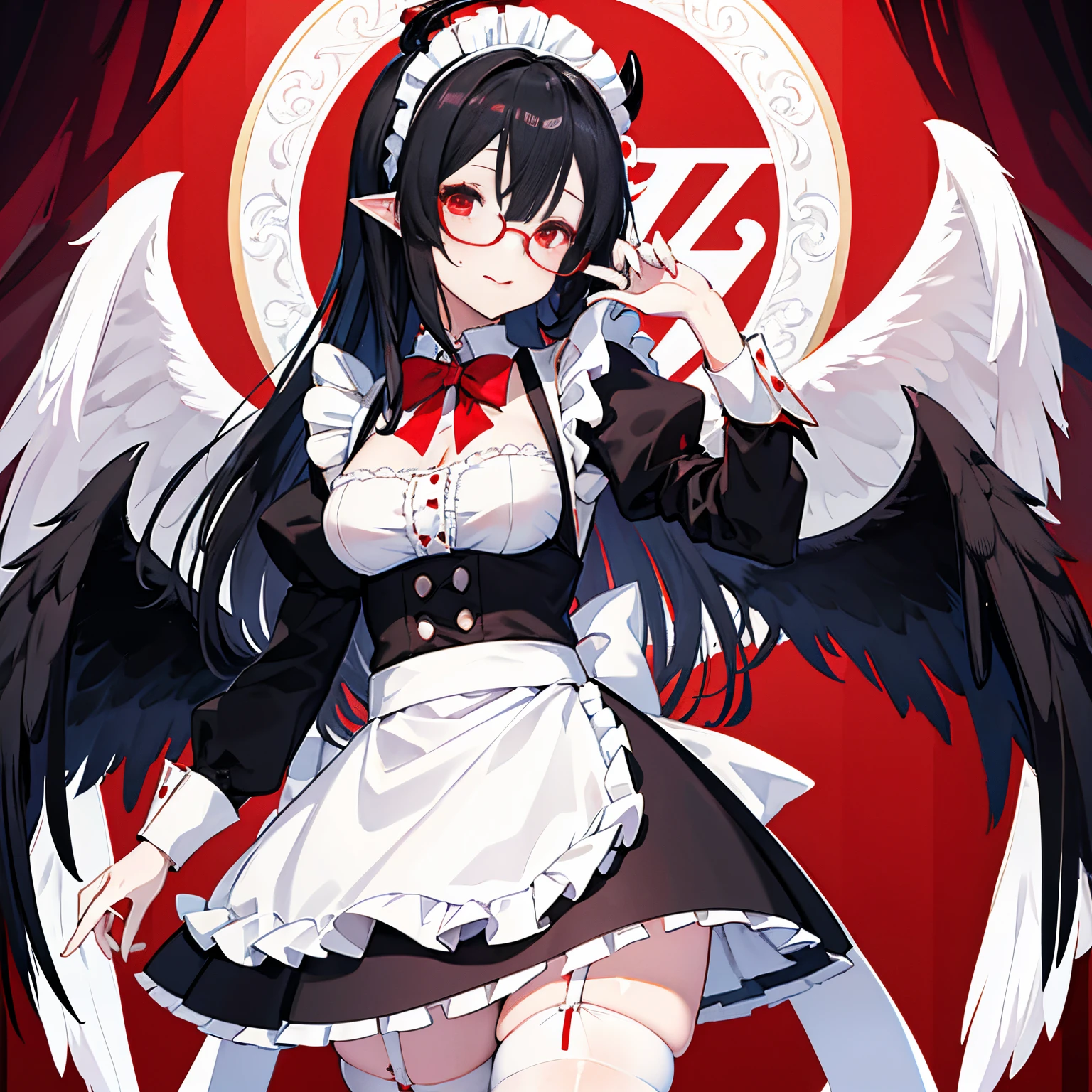 （（a woman，front，whole body）），maid outfit，black hair，White Devil Horn，White background，Native American，feather，blush，Star Eyes