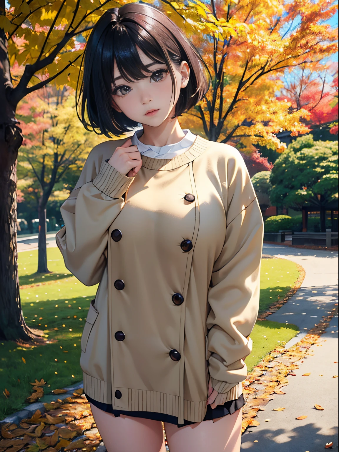 20 years girl、(​masterpiece:1.4)、(in 8K、realisitic、Raw photo、top-quality:1.4)、(Real Face:1.4)、(real looking skin:1.3)、超A high resolution、A hyper-realistic、Brown eyes、high detailing、black hair shorthair、Beige sweater、a miniskirt、(huge-breasted:1.4)、blushing、Embarrassed look、Popular Korean Makeup、autumnal、Colored leaves、a park、to stand