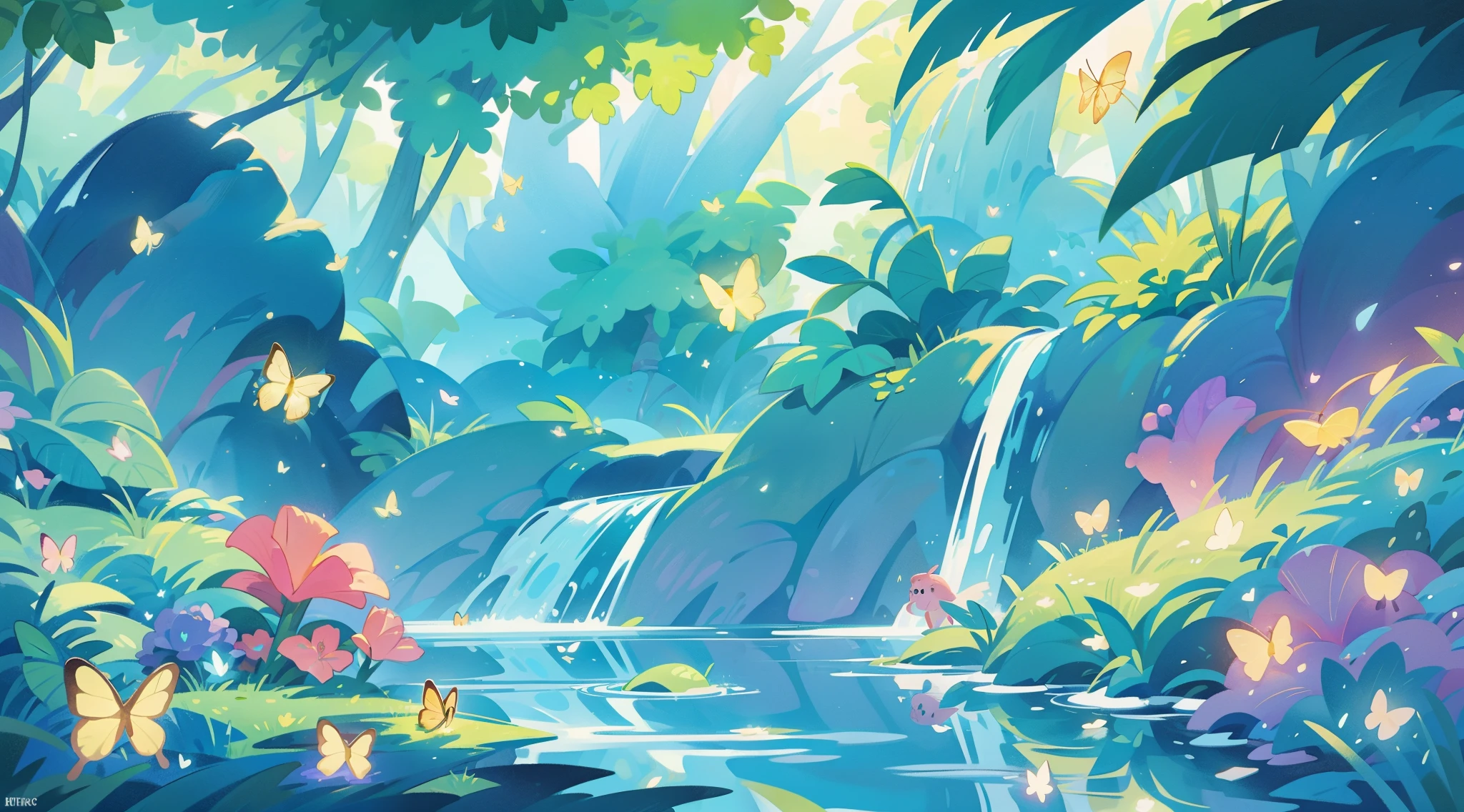 picture book illustration, watercolor storybook illustration, vibrant pastel colors, dreamy, colorful, whimsical, magical, masterpiece, best quality, sharp focus, intricately detailed environment, fine detail, 8k resolution, waterfall lagoon, (magical lagoon), (waterfall, lake), (glowing lights, fireflies, glowing butterflies