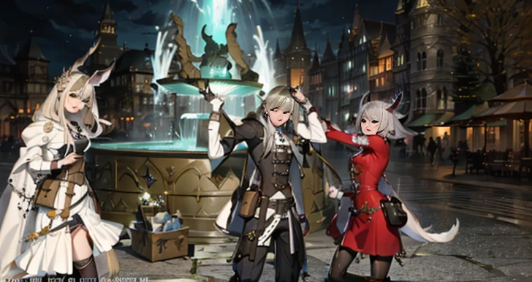 Three costumed people are standing in front of the fountain., tranding on pxiv, final fantasy 1 4 screenshot, final fantasy 14 style, final fantasy 14 sharp, ffxiv heavensward, final fantasy 1 4, FFXIV, final fantasy xiv, thancred waters in style of wlop, thancred waters, Trends in PXIV