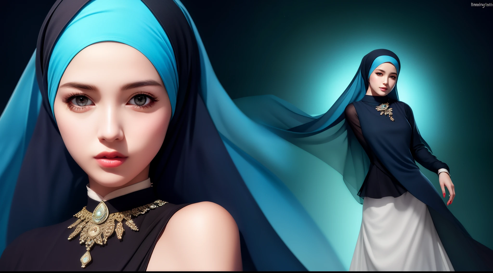 best quality, masterpiece, highres, moslem female dress, necklace, Beautiful face, (upon body from head to waist:1.37), tyndall effect, photorealistic, dark studio, rim lighting, two tone lighting, 8k uhd, dslr, soft lighting, high quality, volumetric lighting, candid, Photograph, high resolution, 4k, 8k, Bokeh, (hyperrealistic girl), (illustration), (high resolution), (extremely detailed), (best illustration), (beautiful detailed eyes), (best quality), (ultra-detailed), (masterpiece), (wallpaper), (photorealistic), (natural light), (rim lighting), (detailed face), (high detailed realistic skin texture), (anatomically correct), (solo), (1 woman), (heterochromic eyes), (detailed eyes), (sparkling eyes), (long legs), (big breasts), (dynamic pose), (concentrated expression), (wearing hijab:1.4), moslem headscarf.
