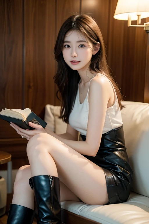 "A 23 year old woman、Natural brown hair lightly curled、Wearing casual clothes and relaxing in everyday life。She wore a comfortable leather mini and a simple black top.、She is wearing long boots and black pantyhose.。Enjoy coffee at your favorite cafe、while reading a book、Having a calm and relaxing time。Her expression is filled with the joy of everyday life.、A warm atmosphere spreads around you。Through this scene、Please describe a relaxing moment in the daily life of a 23-year-old woman.。"