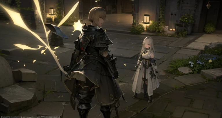 Two people are standing in a courtyard where lights are shining, final fantasy 14 style, final fantasy 1 4 screenshot, tranding on pxiv, final fantasy 1 4, final fantasy 14 sharp, final fantasy xiv, ffxiv heavensward, FFXIV, hidari and vlop, final fantasy xiv: endwalker, Wearing a cloak in a blown up plain, lunar themed attire