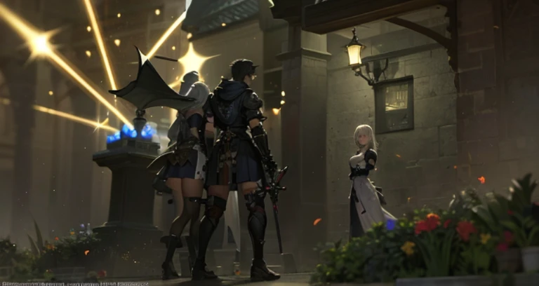 Two people are standing in a courtyard where lights are shining, final fantasy 14 style, final fantasy 1 4 screenshot, tranding on pxiv, final fantasy 1 4, final fantasy 14 sharp, final fantasy xiv, ffxiv heavensward, FFXIV, hidari and vlop, final fantasy xiv: endwalker, Wearing a cloak in a blown up plain, lunar themed attire