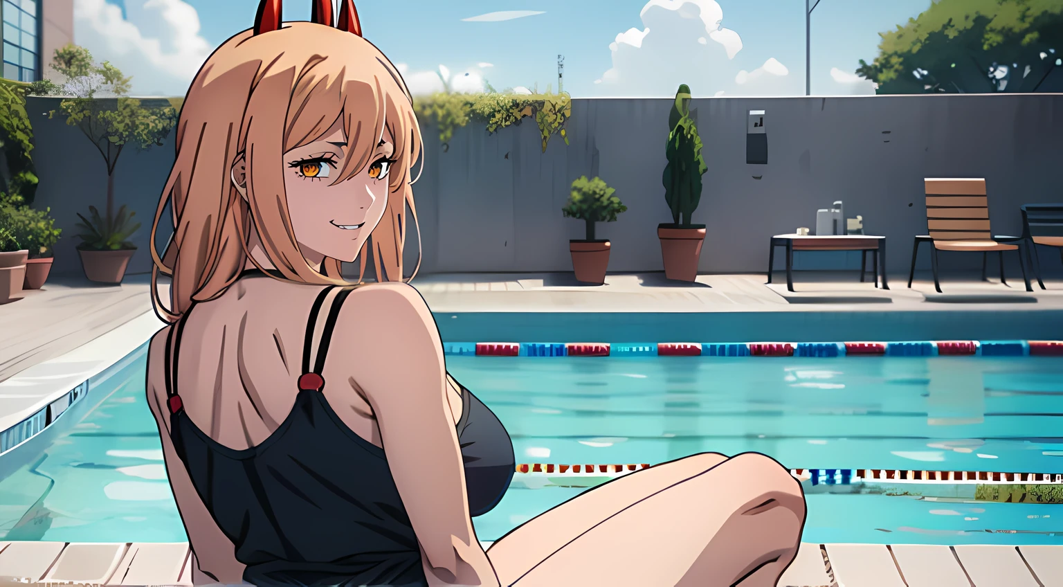 arms behind head, squatting、bdominal muscles、lying, arms up ,swimming pool, hooligan, sitting in the pool edge, looks at the viewer, ssmile, grin, criminal, laughting, shirt unbuttoned, stooping forward, handsome body(Perfect Anatomy 1.1), medium chest size, bare breasts, bathing suit, madwoman, vulgar, Erotica, half naked, beautiful breasts, waist, bare buttocks, sexy body, hight resolution, 1girl, 独奏, hairlong, blonde woman, dangerous,vivid eyes,Yellow eyes, Odin, Mesmerizing eyes,Confident,superior, naughty, (power \(chainsaw man\),), red horns, Energy from a chainsaw, Red horns on the head, Cool anime 8K, Clean and detailed anime art, 4K Manga Wallpapers, Подробный портрет Anime Girl, Anime 4K Style, Anime Art Wallpapers 4K, Anime Art Wallpaper 4K Masterpiece, Gorgeous, Best Quality,