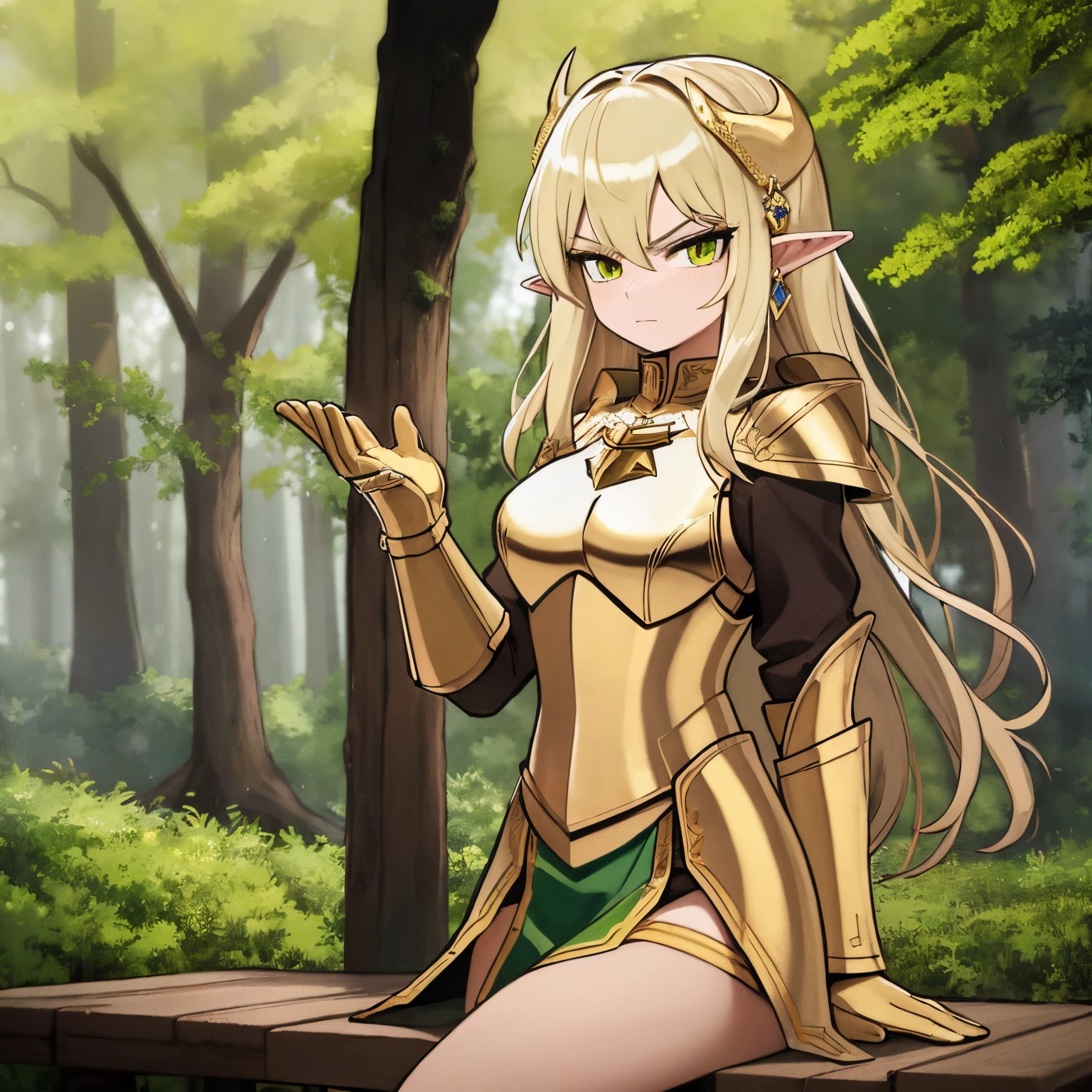 Young knightness, golden armor, elf, wood armor, green hairs, bull horns, green magic in hands, 4k, serious face, in a forest, lookong at viewer, masterpiece, hd, good anathomy, 4k