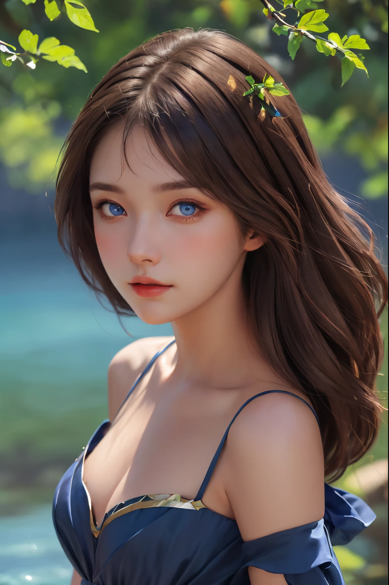 brown hair, dark blue eyes, natural pose, wearing a dress, (best quality, 4k, vibrant colors, ultra-detailed, realistic painting, sharp focus)
