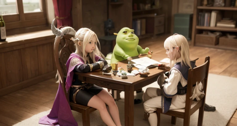 There are two chairs and a table.、A doll is placed on it, tranding on pxiv, final fantasy 14 style, big tentacle sneak around, ia bottle n the shape of shrek, digesting a small dragon, dragon in the background, <mmorpgs scene, Roser sits at a table playing DND, thancred waters in style of wlop