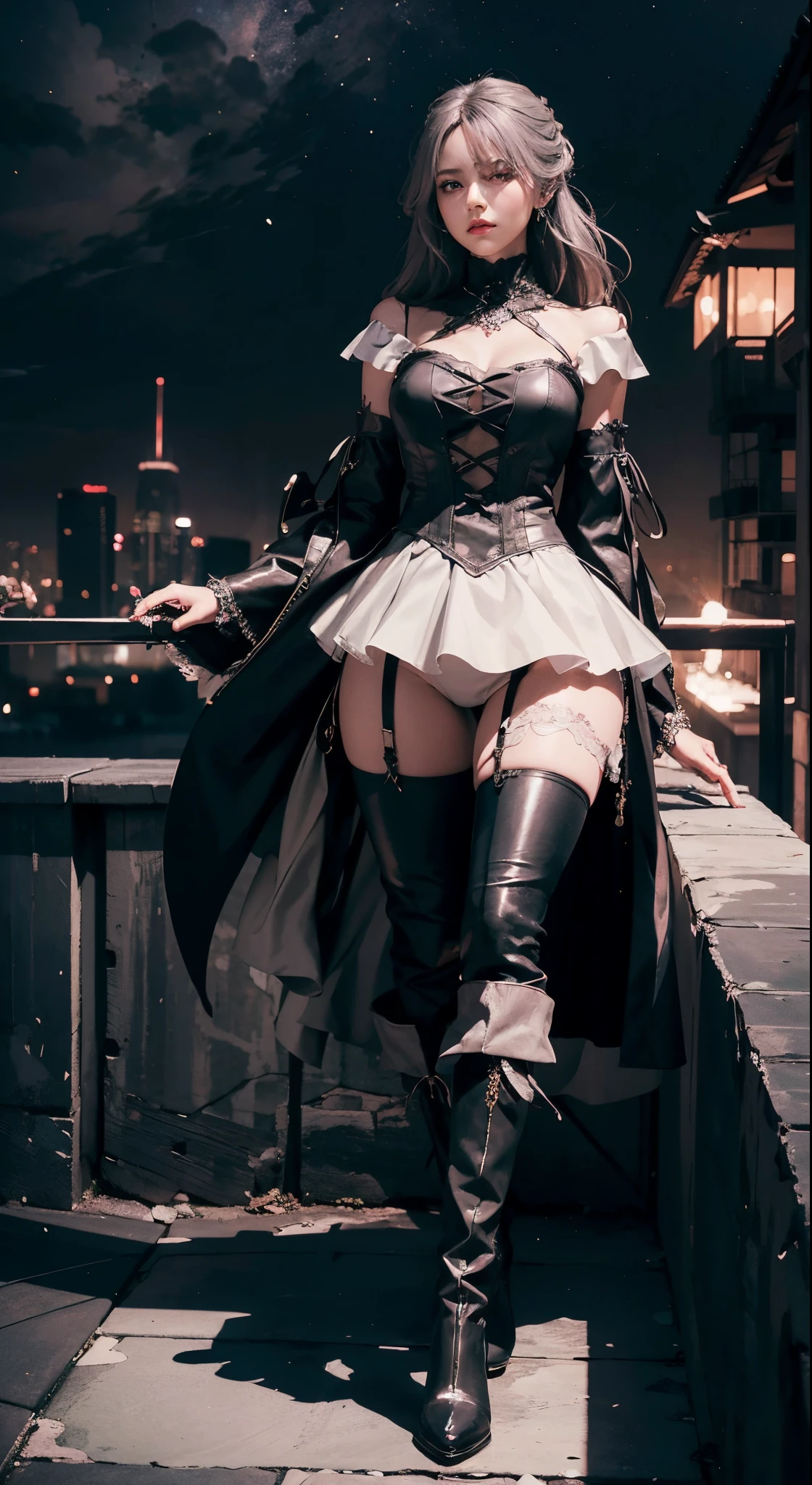 masterpiece, accurate, high quality, super detail, best quality, 8k, cinematic lighting, chiaroscuro, ultra-detailed, An illustration with fine lines and medium saturation for light novels. Back shot. Low angle, full body. A refined and tall Kaihime-like woman about 30 years old, carrying a small scabbard, stands on a rooftop looking at the stars on a summer evening, letting her booted legs visible. She wears a gothic-style puff sleeve A-line knee-length dress in charcoal with pale pink and silver accents that enhance her well-proportioned curvy, slim body shape. She also wears charcoal stockings and leather boots, and long silver satin gloves with charcoal fingertips. Best quality, 8K, masterpiece: 1.3, (A hyper-realistic), (Photoreal), (Increased resolution), (Extremely detailed), (best pictures), (beautifully detailed eyes), (Best Quality), wall-paper, (Detailed face), natural European female eyes