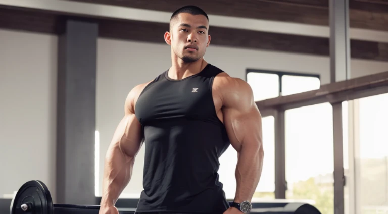 (Very detailed 8k wallpaper), Strong Asian Men, At the gym, high detailing, buzzcut, very large and strong body, bulging muscles, well-muscled, very large pectoral muscles. Very sexy abs, legs are muscular, Toned figure, lightens oily skin, muscular, Tank top, T-shirt, longshot, Wide Shot