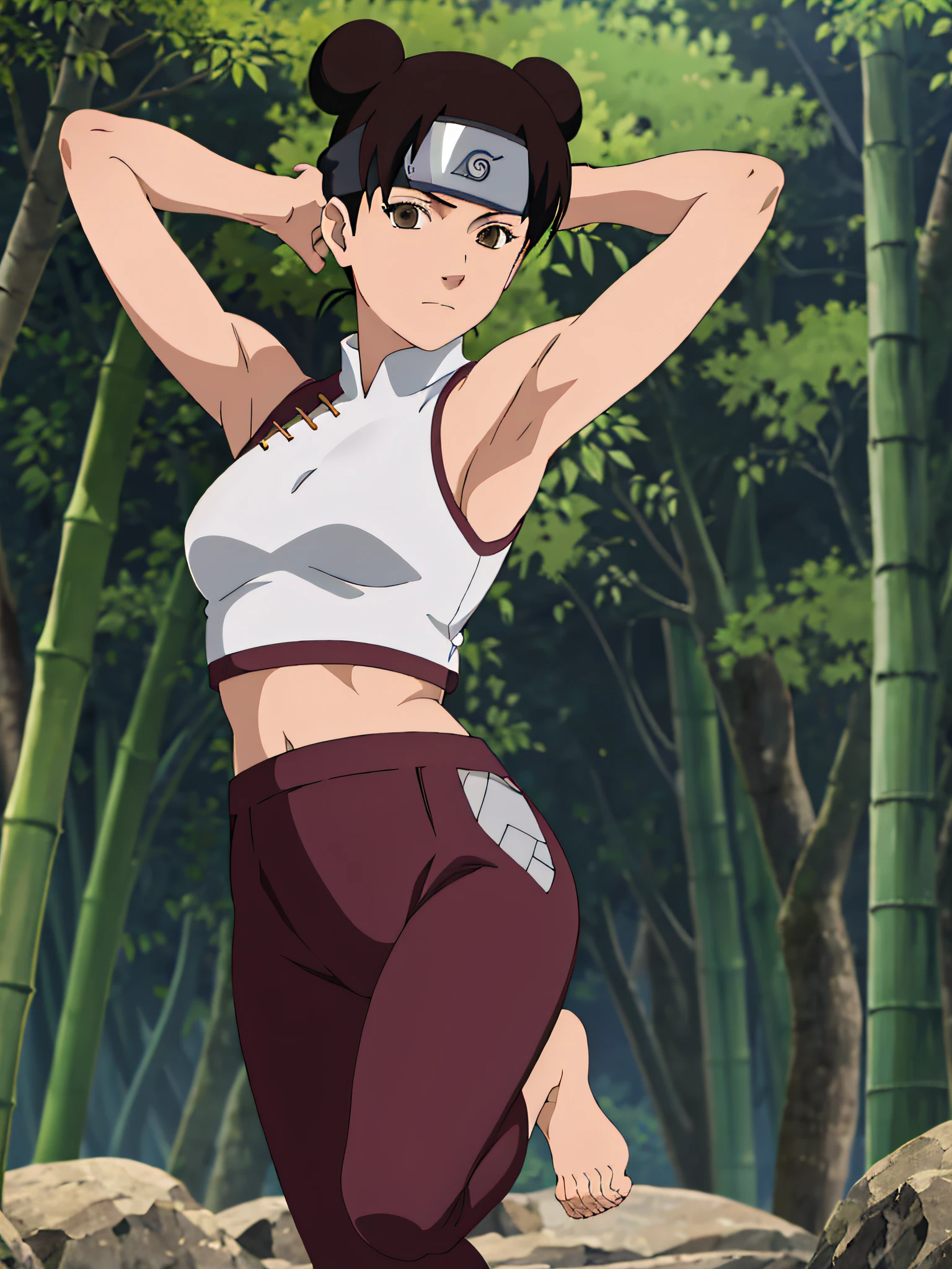 masterpiece, armpit focus,tenten\(shippuden\), 1girl, solo, yoga pants ,white crop top, medium breasts, ,forehead protector, konohagakure symbol, headband, looking at viewer, outdoors, bamboo forest, sleeveless, shaved armpits