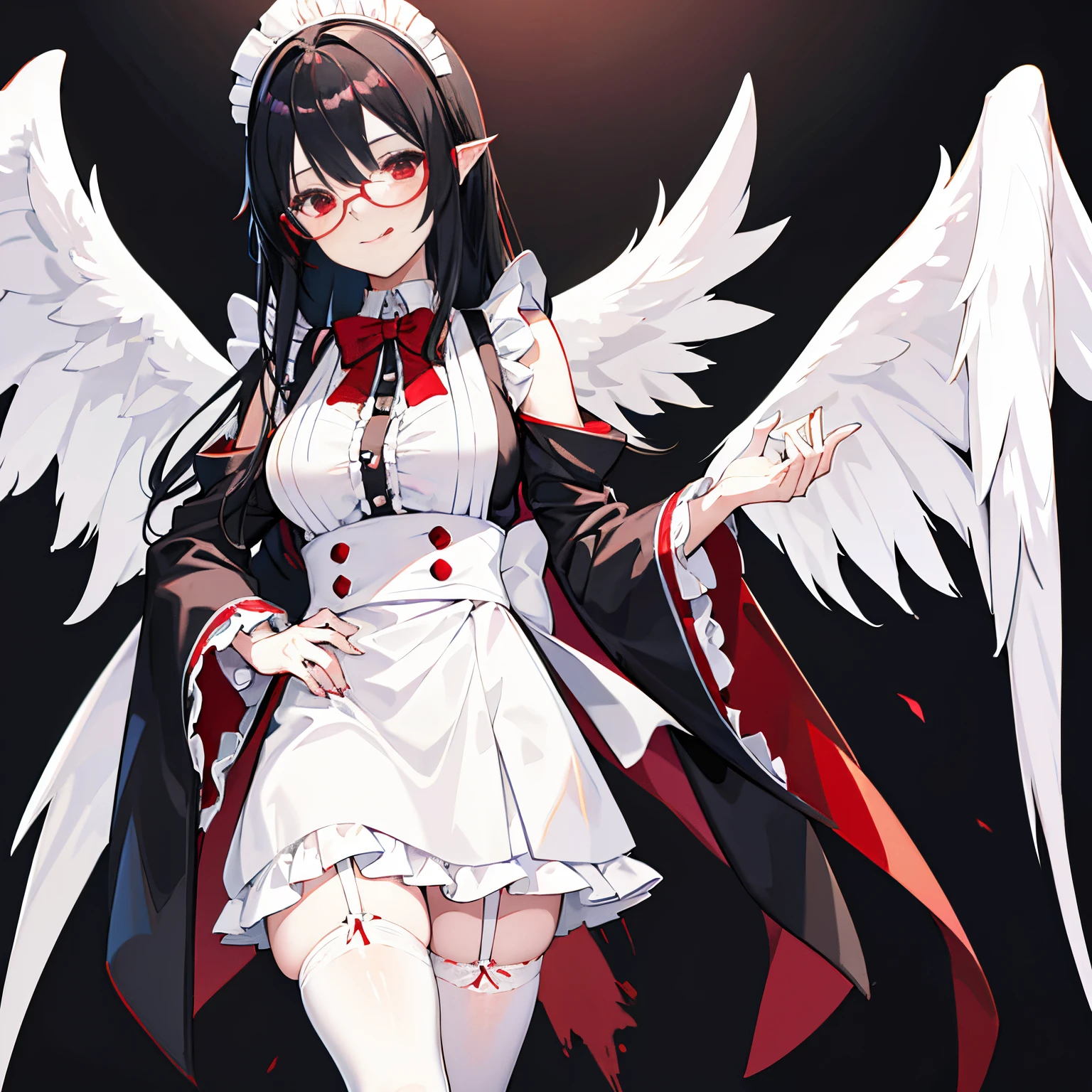 "anime girl, 1 person, black hair, shoulder length hair, red eyes, glasses, white horns, maid outfit, lolita maid, big breasts, stockings, licking lips, small black wings on her back, solo,  front view, service, (full HD 4K+ image)"