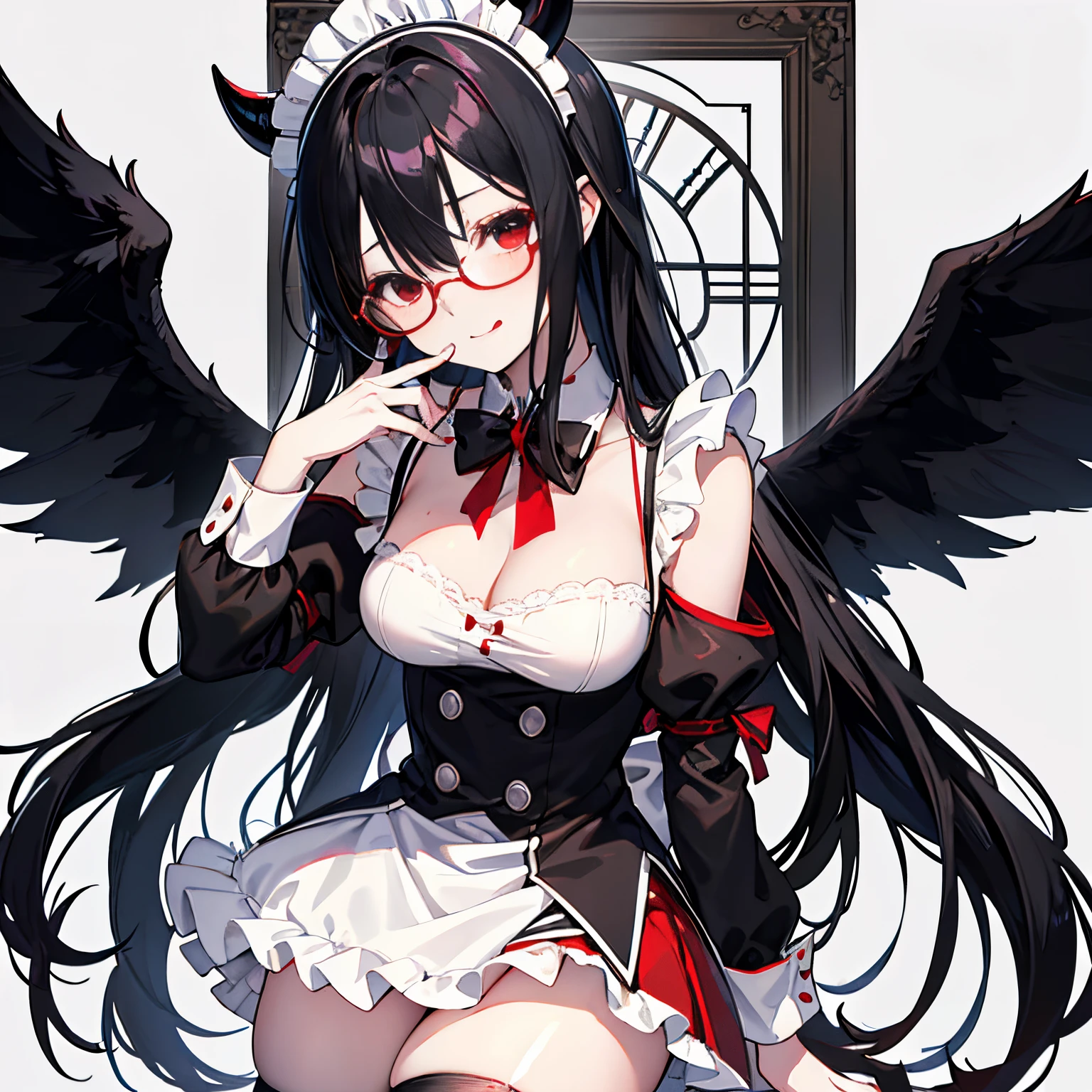 "anime girl, 1 person, black hair, shoulder length hair, red eyes, glasses, white horns, maid outfit, ta maid, big breasts, stockings, licking lips, small black wings on her back, solo, front view, service, (full HD 4K+ image)"
