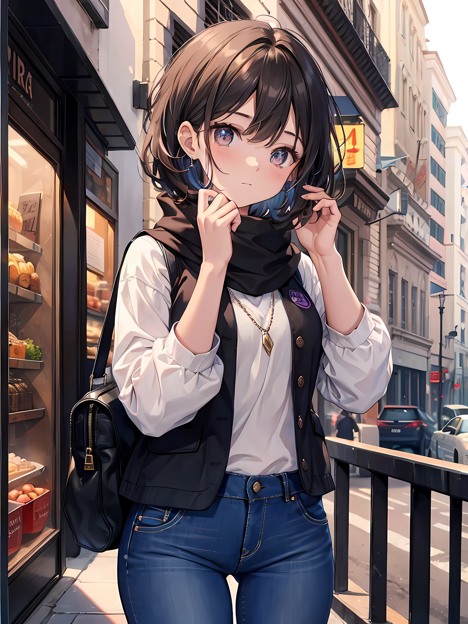 una chica, jeans negros, Brown vest, Hearing aids, cabello rubio corto, invierno, bufanda negra, obra meaetra, cara hermosa, ultra detallada, ciudad, confianza.