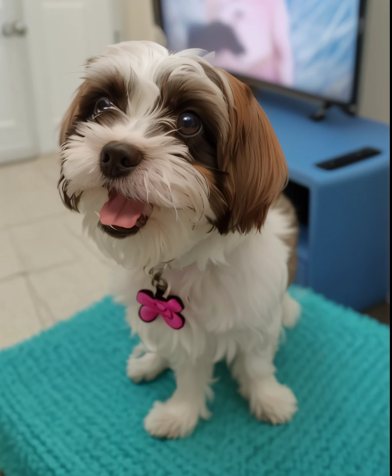 there is a little dog sitting on a blue rug in front of a TV, Shih Tzu, happily smiling at the camera, is a stunning, havanese dog, bonito, Looking towards the camera, peludo bonito precisa de sua ajuda, winking at the camera, staring directly at camera, staring directly at camera, aw, ela tem um rosto expressivo bonito