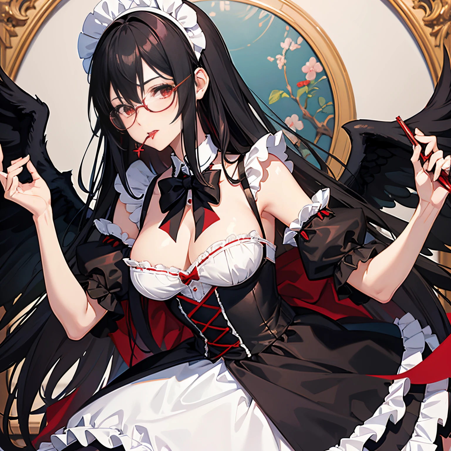 "anime girl, 1 person, black hair, shoulder length hair, red eyes, glasses, white horns, maid outfit, ta maid, big breasts, stockings, licking lips, small black wings on her back, solo,  front view, service, (full HD 4K+ image)"