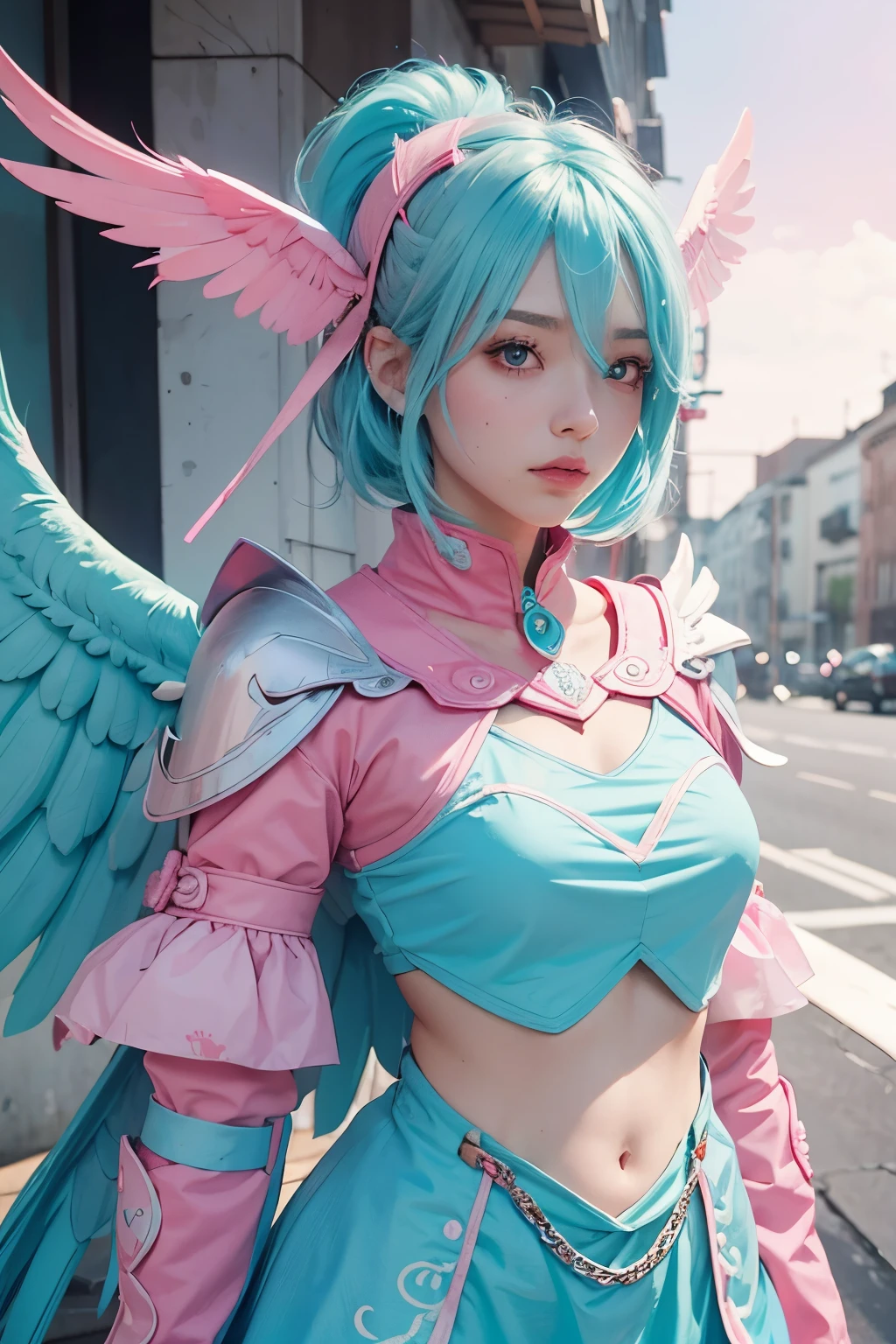 female bird wing cyan and pink,cyan hair,pink eye,cyan and pink armor