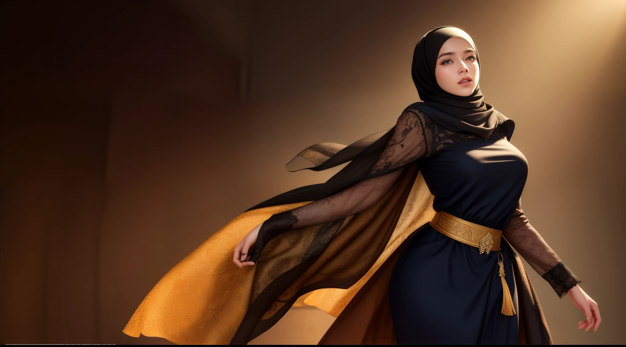 best quality, masterpiece, highres, moslem female dress, necklace, Beautiful face, (upon body from head to waist:1.37), tyndall effect, photorealistic, dark studio, rim lighting, two tone lighting, 8k uhd, dslr, soft lighting, high quality, volumetric lighting, candid, Photograph, high resolution, 4k, 8k, Bokeh, (hyperrealistic girl), (illustration), (high resolution), (extremely detailed), (best illustration), (beautiful detailed eyes), (best quality), (ultra-detailed), (masterpiece), (wallpaper), (photorealistic), (natural light), (rim lighting), (detailed face), (high detailed realistic skin texture), (anatomically correct), (solo), (1 woman), (heterochromic eyes), (detailed eyes), (sparkling eyes), (long legs), (big breasts), (dynamic pose), (concentrated expression), (wearing hijab:1.4), moslem headscarf.