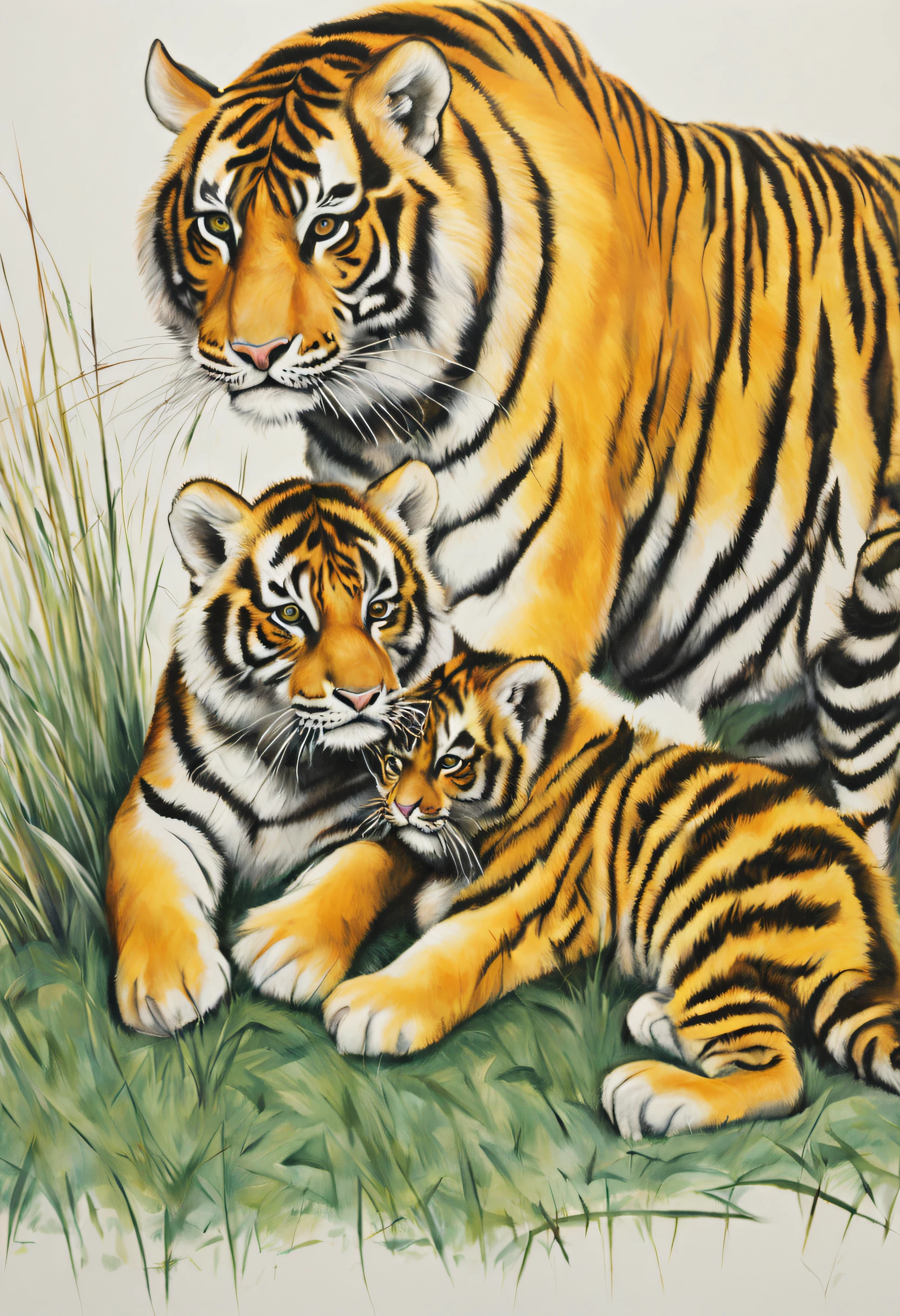 A tiger family and cub practicing hunting in the grass - Dutch contemporary art drawing method