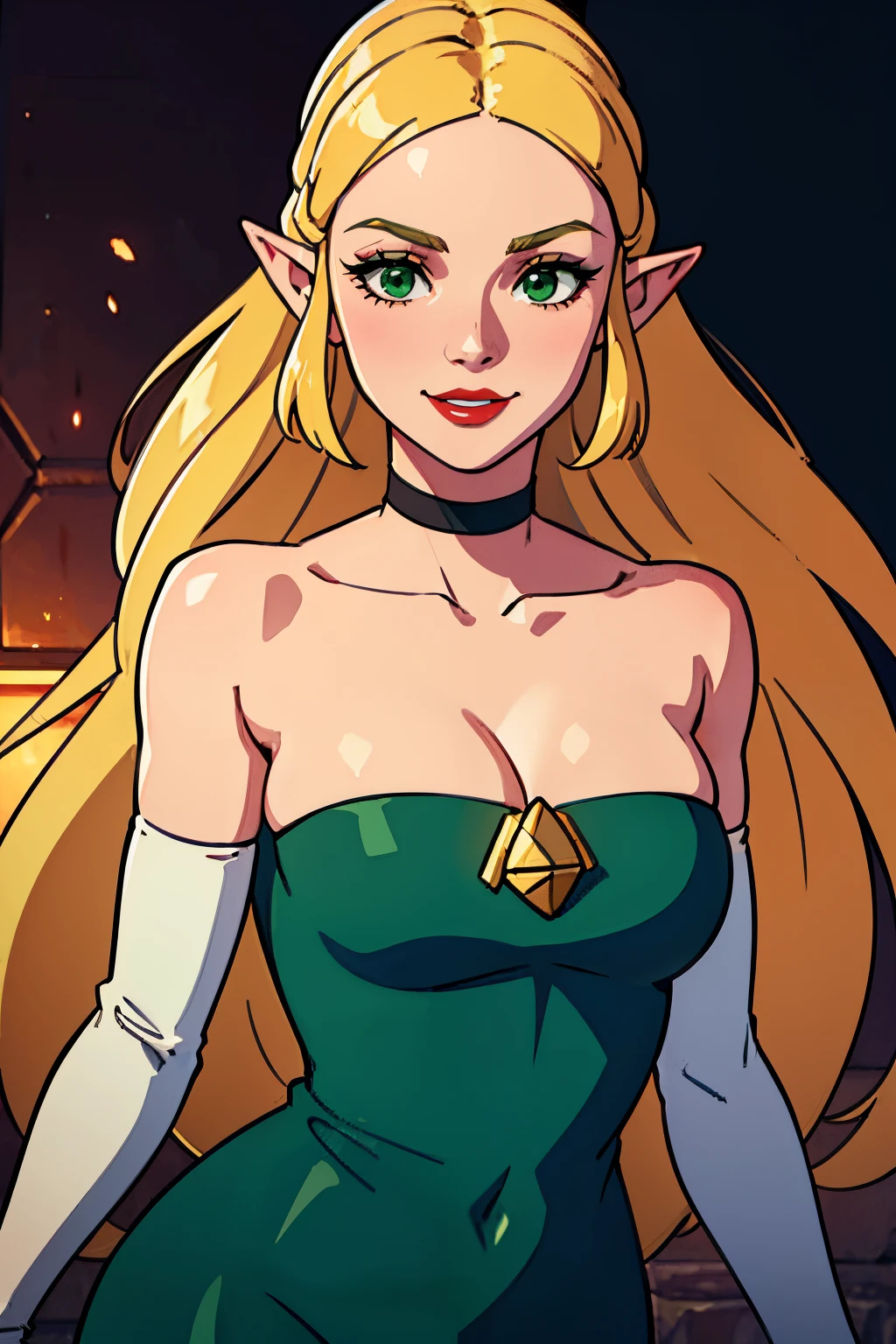 princess zelda, blonde hair, (green eyes:1.5), pointy ears, long hair, parted bangs, light blue dress, strapless dress, long white elbow gloves, smile, red lipstick,light dark purple eye shadow, makeup, black choker