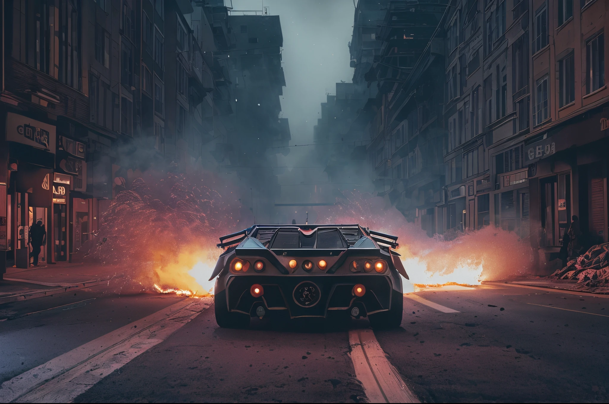 analog gloomy photo of a Tumbler car, racing down an avenue at night, city buildings on fire, outrun, explosions in the background, tracer gunfire, High Detail, Sharp focus, ((photorealism)), realistic, best quality, 8k, award winning, dramatic lighting, epic, cinematic, masterpiece, dutch angle, ambient fog:1.3,