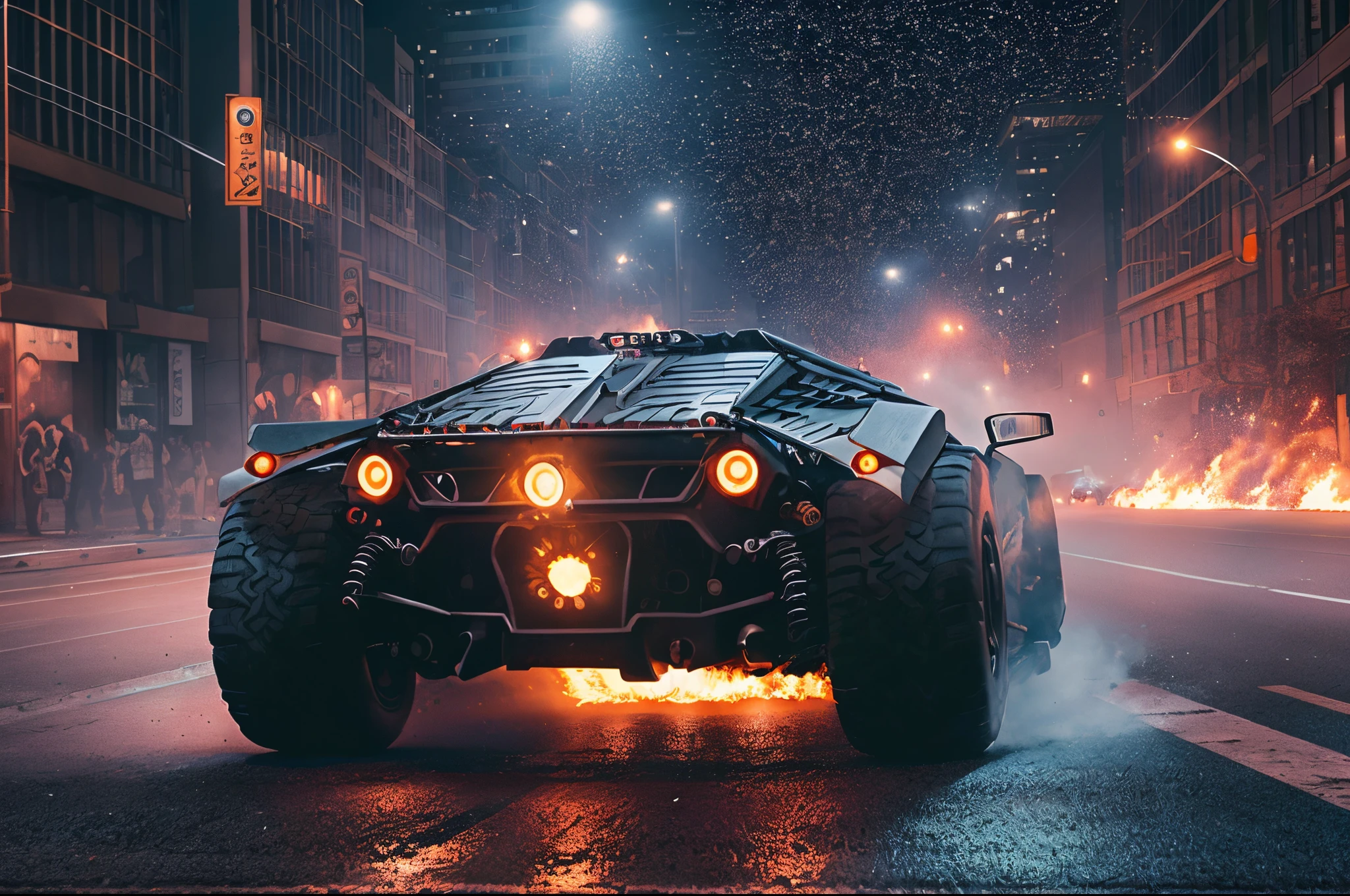 analog gloomy photo of a Tumbler car, racing down an avenue at night, city buildings on fire, outrun, explosions in the background, tracer gunfire, High Detail, Sharp focus, ((photorealism)), realistic, best quality, 8k, award winning, dramatic lighting, epic, cinematic, masterpiece, dutch angle, ambient fog:1.3,