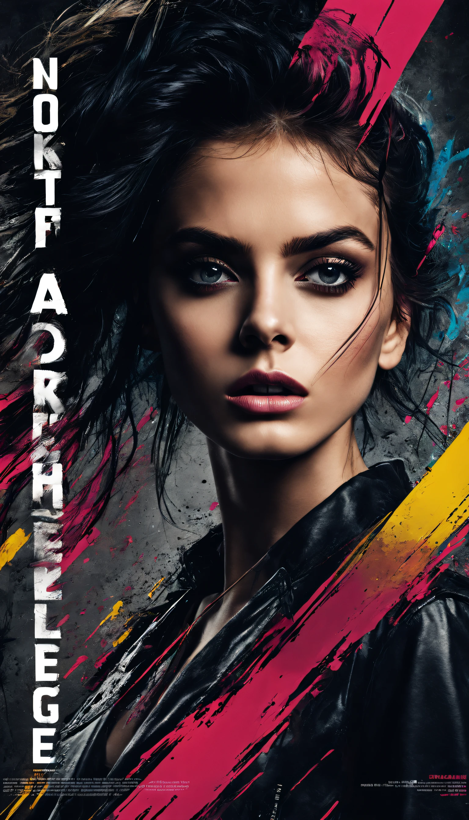 ((((dramatic))), (((gritty))), (((intense))) film poster featuring a young woman as the central character. She stands confidently in the center of the poster, wearing a stylish and edgy outfit, with a determined expression on her face. The background is dark and gritty, with a sense of danger and intensity. The text is bold and attention-grabbing, with a catchy tagline that adds to the overall feeling of drama and excitement. The color palette is mainly dark with splashes of vibrant colors, giving the poster a dynamic and visually striking appearance,tachi-e
(magazine:1.3), (cover-style:1.3), fashionable, woman, vibrant, outfit, posing, front, colorful, dynamic, background, elements, confident, expression, holding, statement, accessory, majestic, coiled, around, touch, scene, text, cover, bold, attention-grabbing, title, stylish, font, catchy, headline, larger, striking, modern, trendy, focus, fashion,