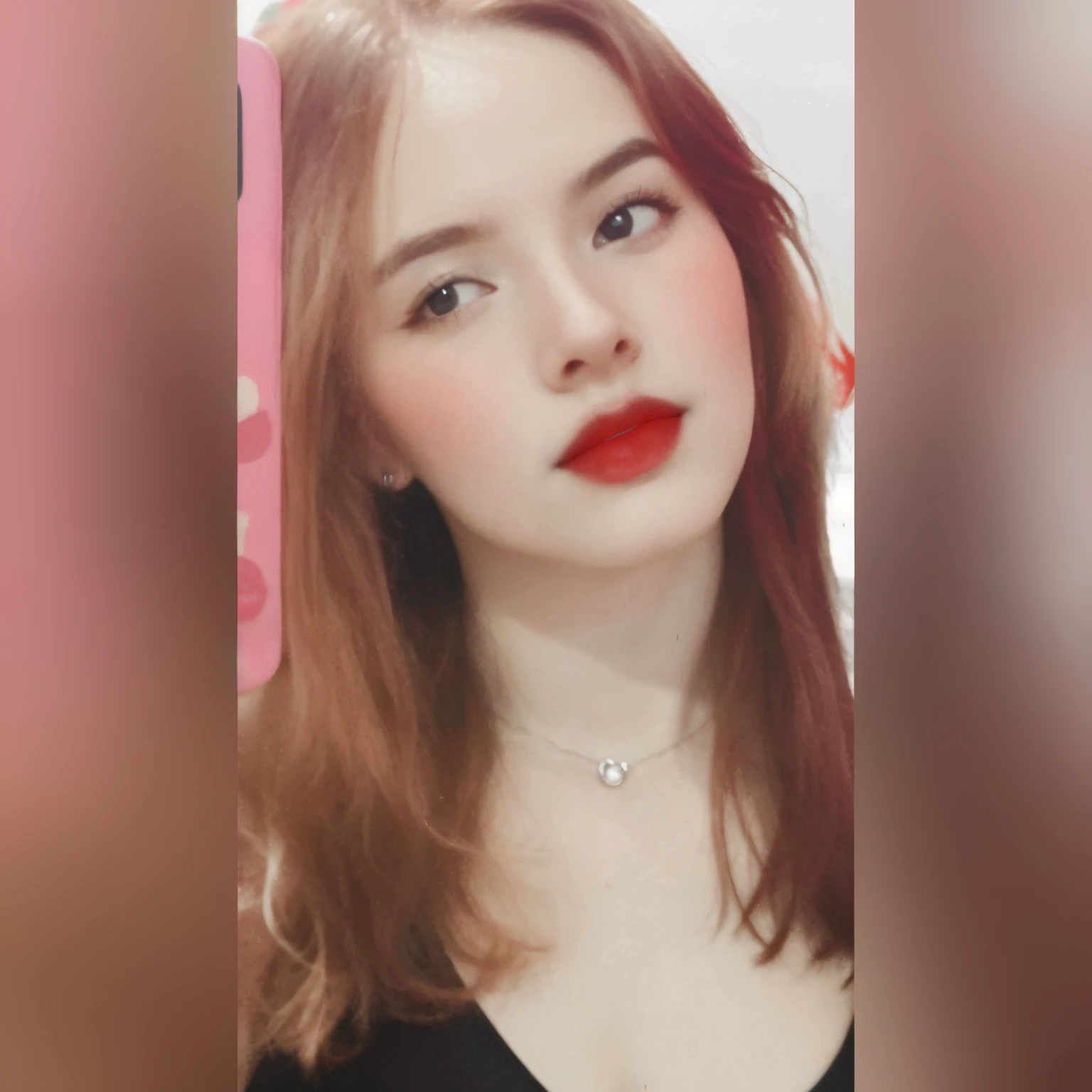There is a woman with red lipstick posing for a photo, 18 years old, 19 year old girl, 1 8 yo, muy, muy baja calidad, muy baja calidad, 1 6 years, Hada Ellie Bamber, Imagen filtrada, Ella tiene el pelo rojo, 1 9 year old, 🤤 girl portrait, imagen de muy muy muy baja calidad