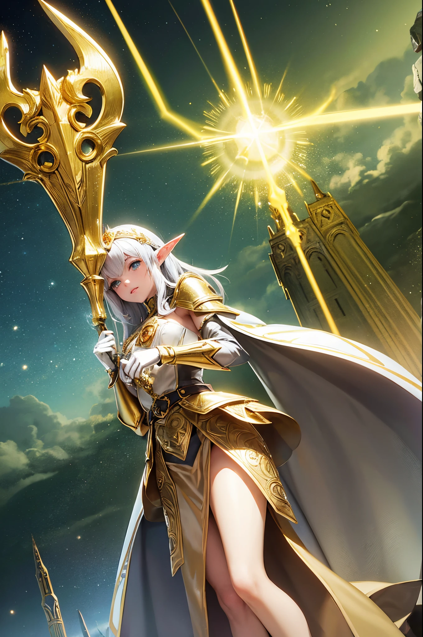 female elf royal paladin, fairy crest, golden and silver color armor with fairy icon and steel battle armor skirt, short design hand silver glove, golden color cape, golden belt, huge magic circle behind, pauldron in fairy style, silver color bracelet, multicolor golden and green color hair, empress aura, glowing green color pupil, masterpieces, solo, extreme pupil detail, fantasy mythic art, movie lighting, original character, holy glowing and windy effect, figure body shape, church background