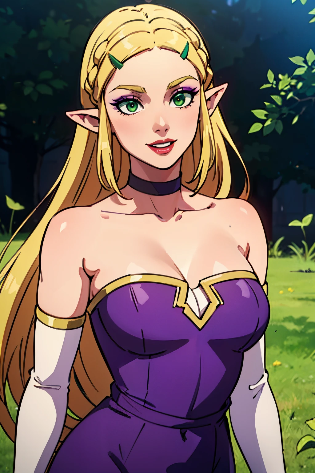 princess zelda, blonde hair, (green eyes:1.5), pointy ears, long hair, parted bangs, light purple dress, strapless dress, long white elbow gloves, smile, red lipstick,light dark purple eye shadow, makeup, black choker