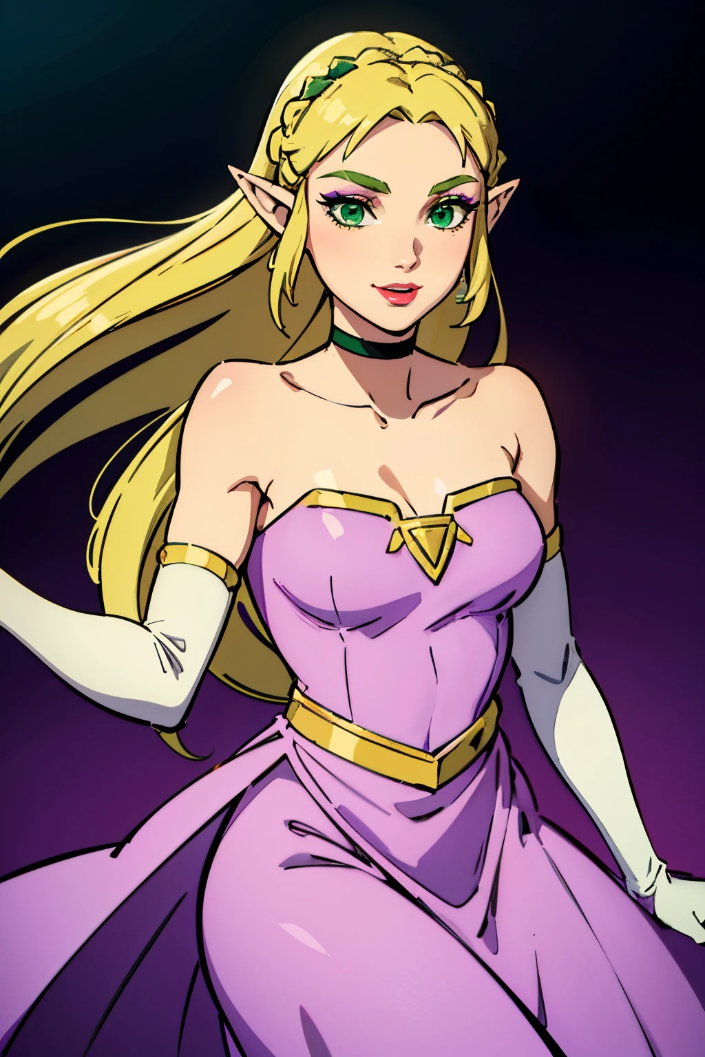 princess zelda, blonde hair, (green eyes:1.5), pointy ears, long hair, parted bangs, light purple dress, strapless dress, long white elbow gloves, smile, red lipstick,light dark purple eye shadow, makeup, black choker