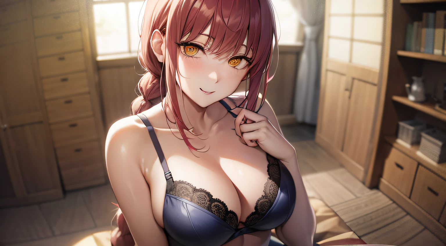 Makima, Makima, Long hair, Smile, Bangs, (large breasts:1.1), (Yellow eyes:1.2), braid, Red hair, braided ponytails, Ringed Eyes, BREAK  shirt, lingerie,  black bra, ,Black panties,Break indoors, Office, BREAK looking at viewer, BREAK (masterpiece:1.2), Best Quality, High resolution, Unity 8k壁纸, (Illustration:0.8), (Beautiful detailed eyes:1.6), extra detailed face, Perfect Lighting, extremely details CG, (Perfect hands, Perfect Anatomy), full body