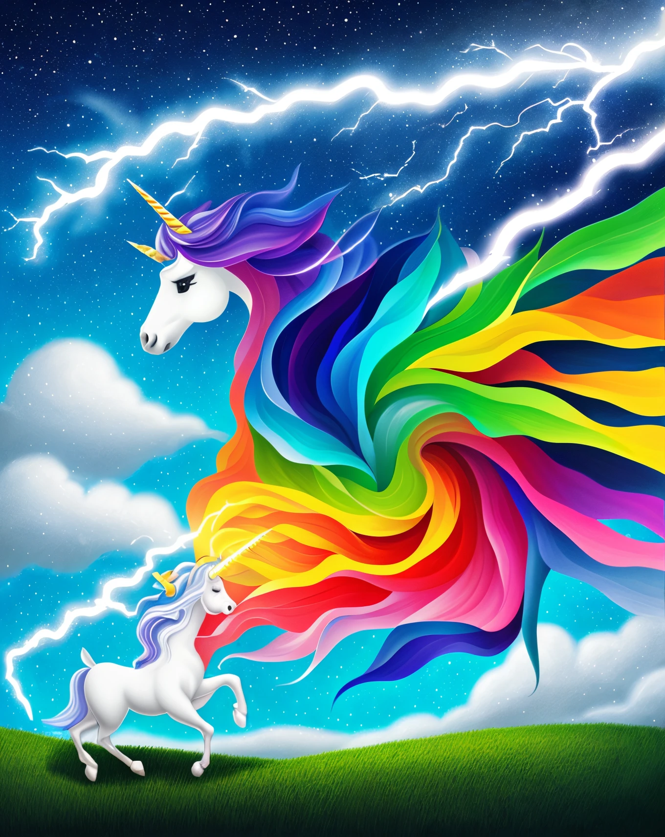 Majestic Electric unicorn riding a lightning bolt