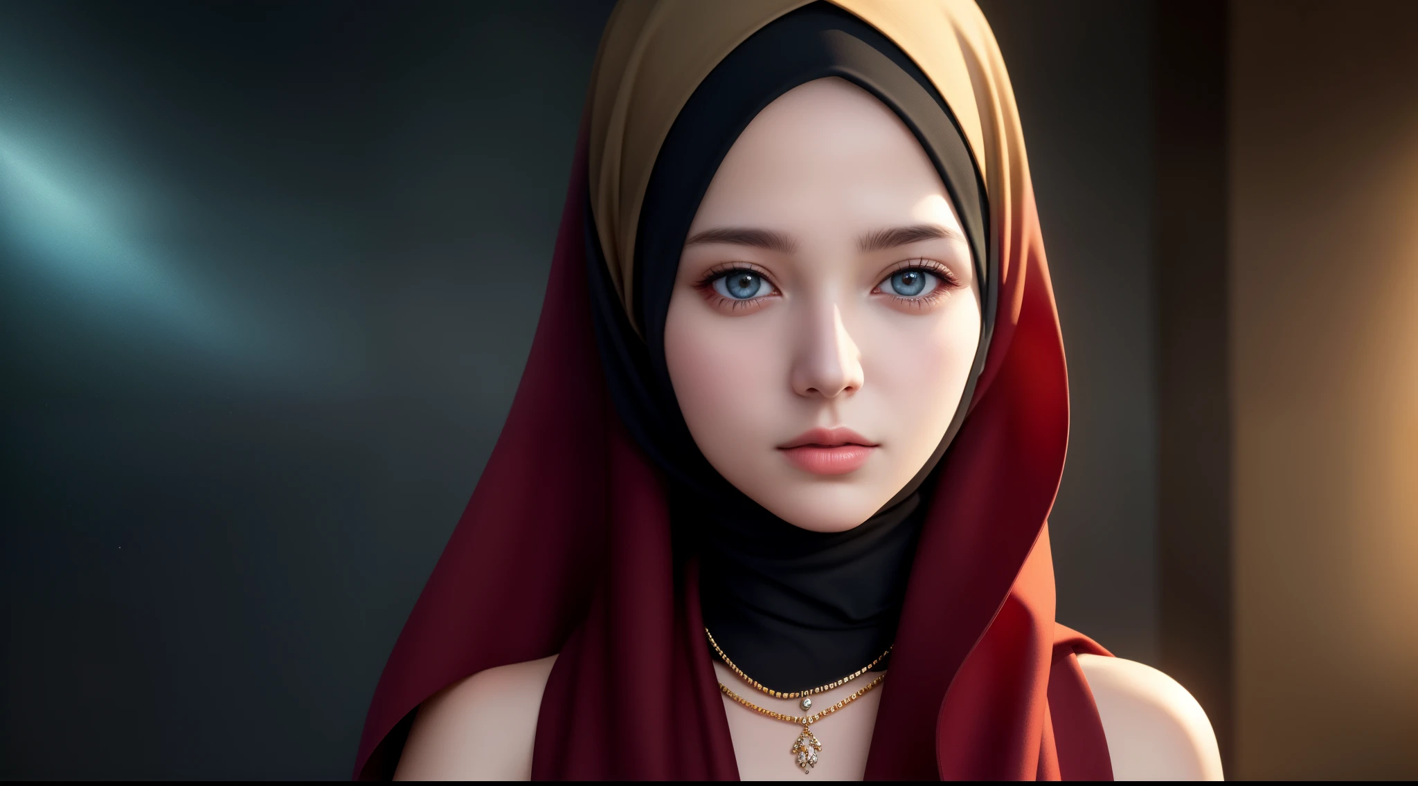 best quality, masterpiece, highres, moslem female dress, necklace, Beautiful face, (upon body from head to waist:1.37), tyndall effect, photorealistic, dark studio, rim lighting, two tone lighting, 8k uhd, dslr, soft lighting, high quality, volumetric lighting, candid, Photograph, high resolution, 4k, 8k, Bokeh, (hyperrealistic girl), (illustration), (high resolution), (extremely detailed), (best illustration), (beautiful detailed eyes), (best quality), (ultra-detailed), (masterpiece), (wallpaper), (photorealistic), (natural light), (rim lighting), (detailed face), (high detailed realistic skin texture), (anatomically correct), (solo), (1 woman), (heterochromic eyes), (detailed eyes), (sparkling eyes), (long legs), (big breasts), (dynamic pose), (concentrated expression), (wearing hijab:1.4), moslem headscarf.