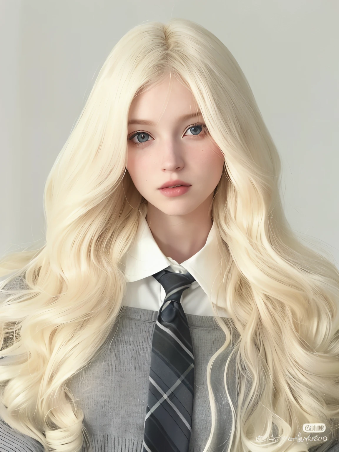 Blond haired woman with long hair wearing tie and sweater, pale skin curly blond hair, her hair is white, perfeita de cabelos brancos, extremely pale blond hair, very very pale blond hair, com cabelos longos brancos, com longos cabelos brancos, cabelos longos brancos ondulados, meninaabelo branco, com longos cabelos loiros, longos cabelos brancos ondulados, albino white pale skin