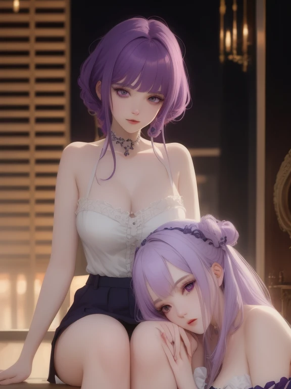 2girls, purple hair and white hair, ((masterpiece, best quality)), illustration, ultra detailed 8k, photorealistic, sharp focus, highly detailed, professional lighting, colorful details,