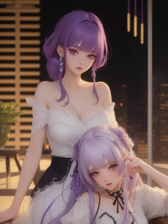2girls, purple hair and white hair, ((masterpiece, best quality)), illustration, ultra detailed 8k, photorealistic, sharp focus, highly detailed, professional lighting, colorful details,
