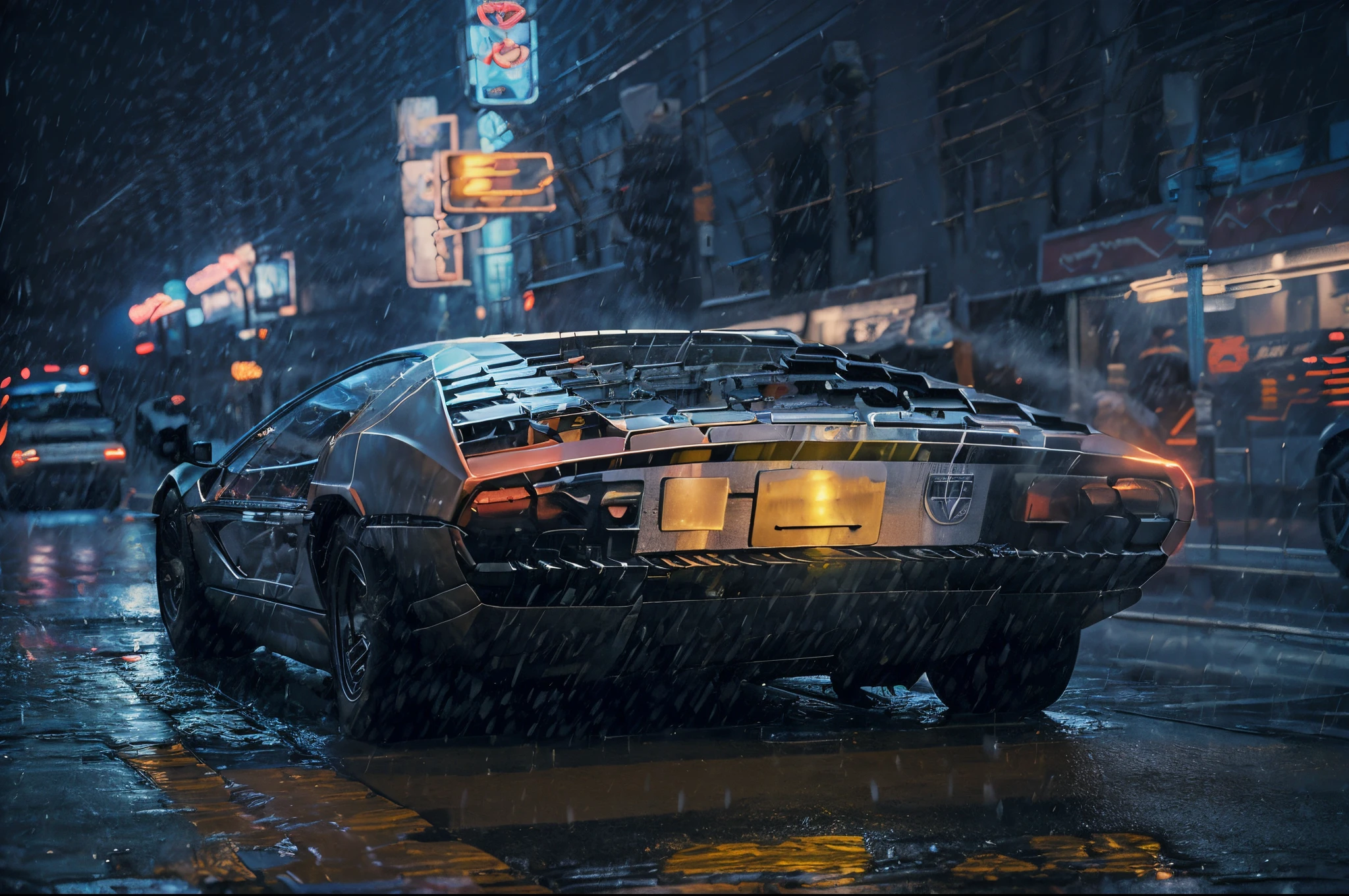 analog gloomy photo of a (Lamborghini Marzal car, ), from behind, (speeding in a city  avenue at night), (heavy rain), (neon signs:1.3), ((cyberpunk)), ((nighttime)), High Detail, Sharp focus, ((photorealism)), realistic, best quality, 8k, award winning, dramatic lighting, epic, cinematic, masterpiece,  depth of field, volumetric lights, (ambient fog:1.3), dutch angle, rim light, wide angle lens, steam,