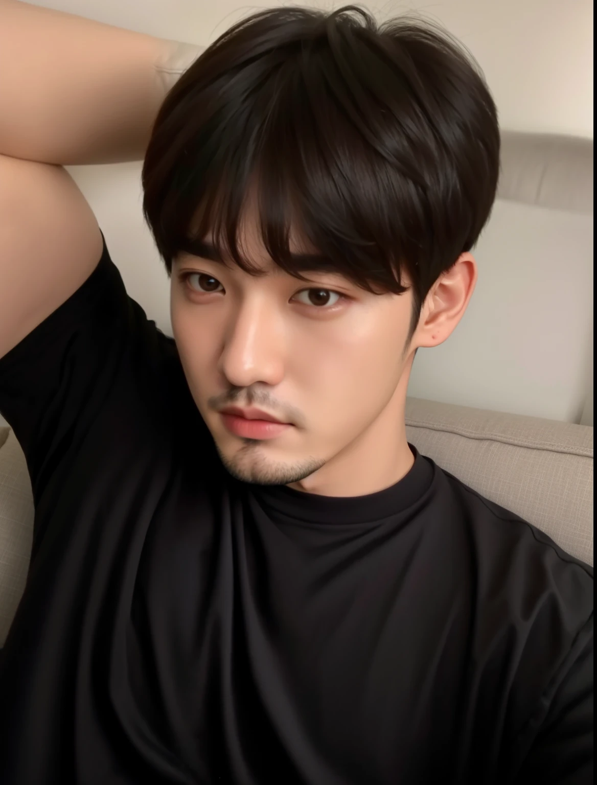 there is a man sitting on a couch with a remote control, Jungkook, Yoongi de cabelos pretos, brilhante da chuva, TaeJune Kim, Hyung Tae, Kim Doyoung, Jinyoung Canela, inspirado em Kun Can, Hong June Hyung, Shin Jeongho, Sul Coreano Masculino, Wonbin Lee, com cabelos curtos, um homem bonito，cabelo curto preto, wan adorable korean face