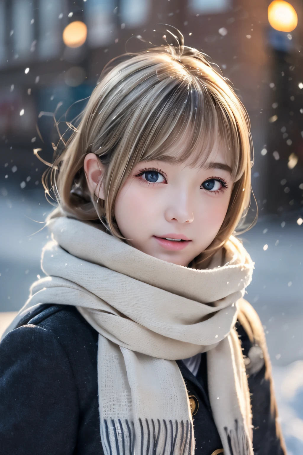 ((No makeup、close your mouth:1.2))、(realistic、Photoreal、super detailed、best detailed skins、highest quality、masterpiece、超A high resolution)、cute russian woman、14 years、high school girl、young girl、1 girl、have bangs、ash blonde:1.7、double eyelid、drooling eyes、Japanese style face、purity、please keep your mouth shut、realistic skin type、thick muffler、Gray muffler、fluffy hair、((There&#39;s hair in the scarf:1.3))、red cheeks、The wind is blowing、It&#39;s snowing、night、illumination、lighting from behind