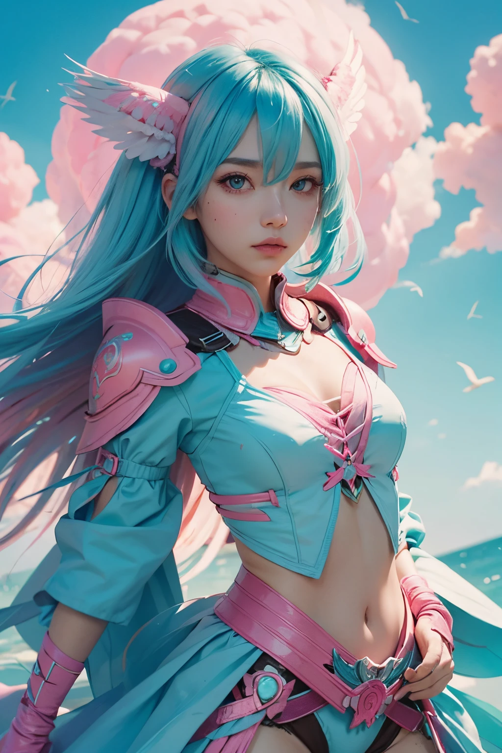 female bird wing cyan and pink,cyan hair,long hair,pink eye,cyan and pink armor