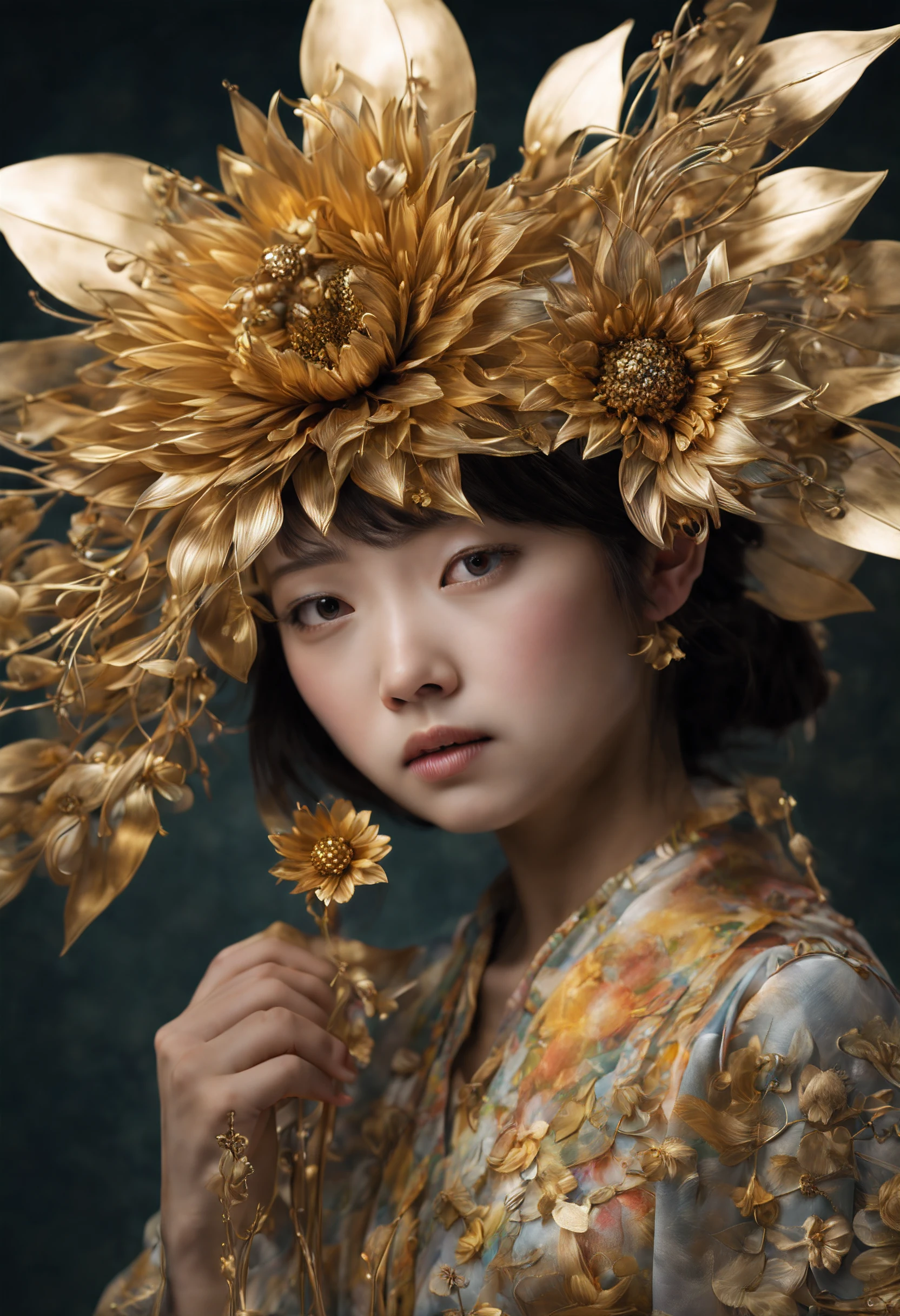 absurdres, portrait of beautiful japanese girl holding metal flower ,metallic flowers, gold sunflowers, metallic, delicate craftsmanship, metal luster, unique metal shine, fine details, thin and soft metallic petals, translucent effect, intricate metal wire center, exquisite and ornate appearance, depth of field, award-winning, ((colorful))