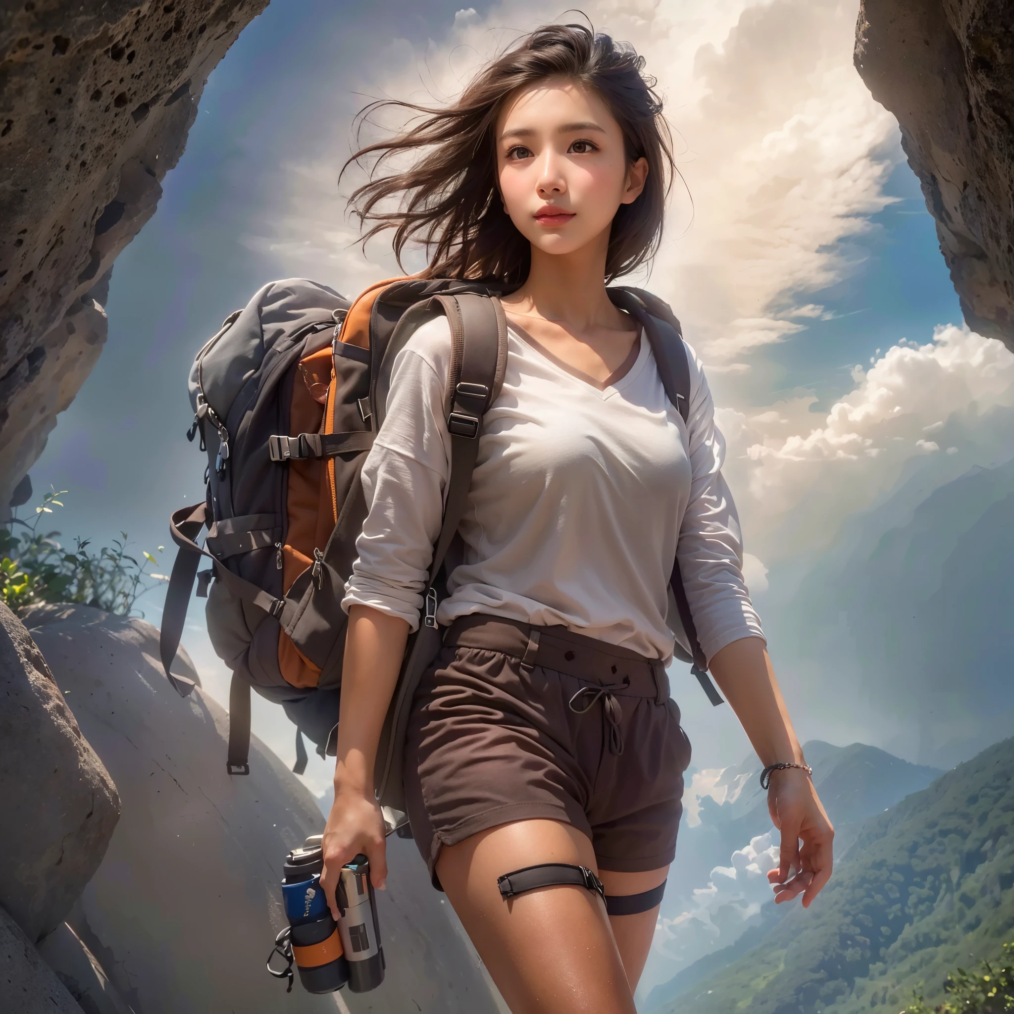 (Naturescape photography), (best quality), masterpiece:1.2, ultra high res, photorealistic:1.4, RAW photo, (Magnificent mountain, sea of clouds), (On a very high mountain peak), (sunset), (wideangle shot),  (Show cleavage:0.8),
(1girl), (Photo from the knee up:1.3), (18 years old), (smile:0.9), (shiny skin), (semi-long hair, dark brown hair), 
(Large white V-neck T-shirt, Trekking shorts), (Carrying a large backpack), 
(ultra detailed face), (ultra Beautiful fece), (ultra detailed eyes), (ultra detailed nose), (ultra detailed mouth), (ultra detailed arms), (ultra detailed body), pan focus, looking at the audience